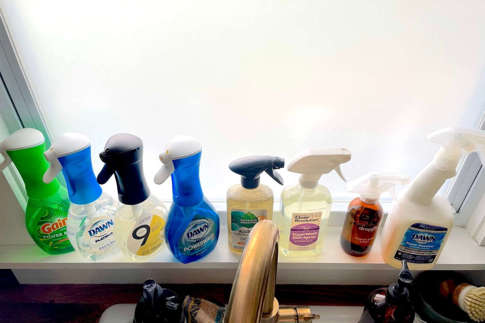 Everything but the Palmolive  lined up at my kitchen sink.